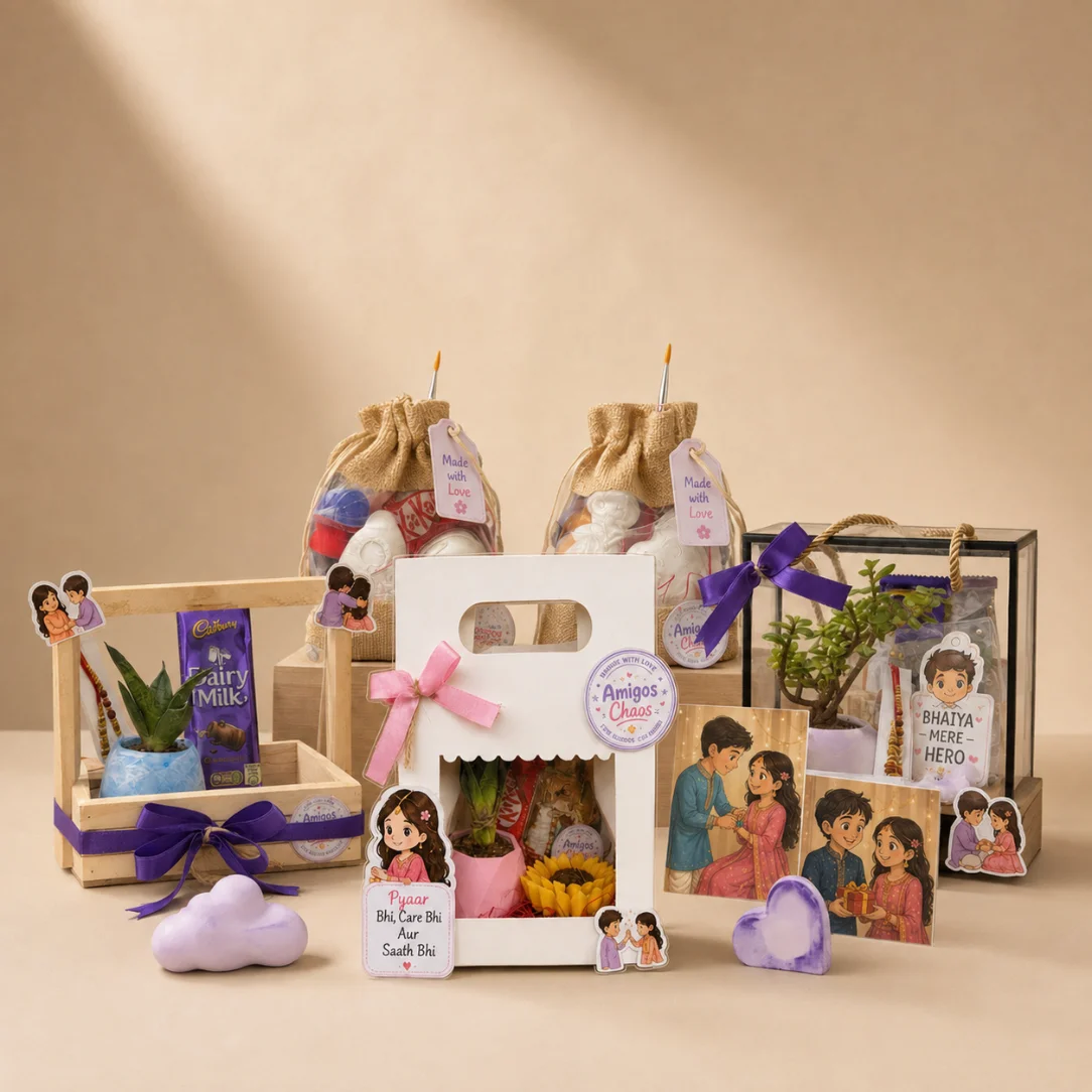 Hands packing an Amigos Chaos gift hamper with ribbon